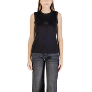 Calvin Klein Jeans Damen schwarzes ärmelloses Baumwoll-Tanktop, schwarzes Tanktop top mit Rundhalsausschnitt und dezentem, gesticktem Logo auf der Brust