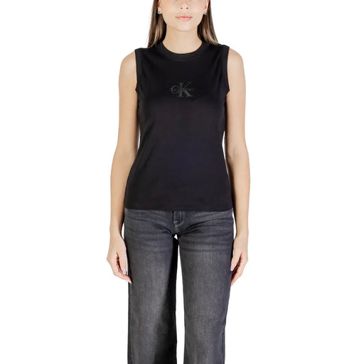 Calvin Klein Jeans Damen schwarzes ärmelloses Baumwoll-Tanktop, schwarzes Tanktop top mit Rundhalsausschnitt und dezentem, gesticktem Logo auf der Brust