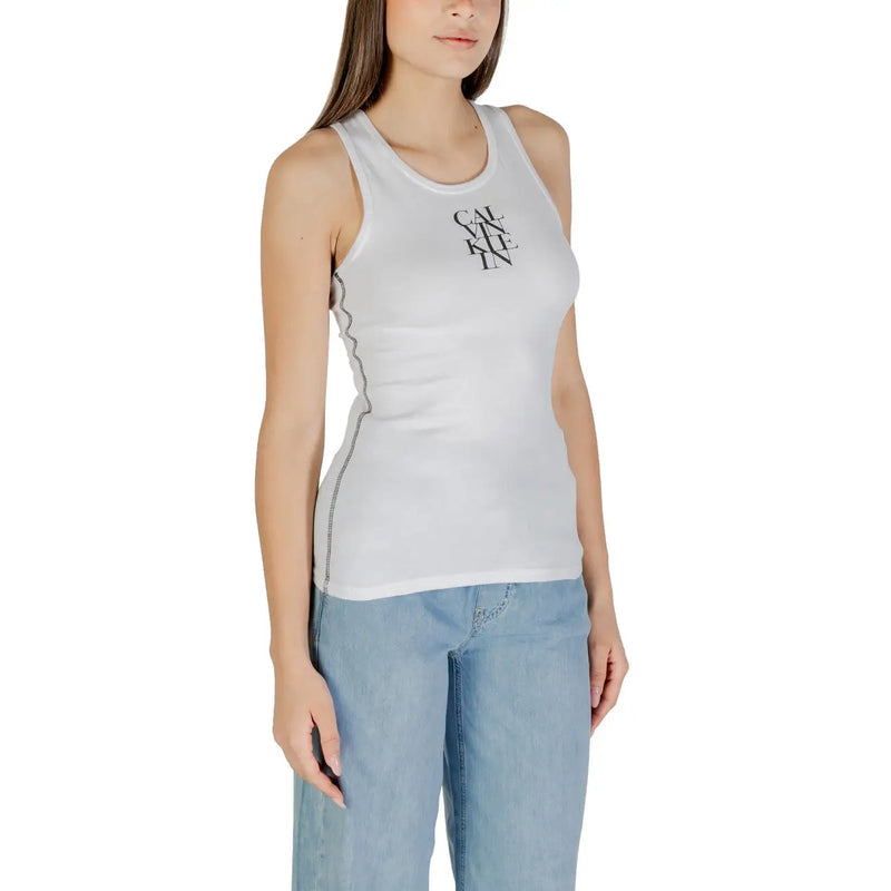 Calvin Klein Jeans Damen Tanktop top aus weißer Baumwolle mit schwarzem Logo, Ziernähten an der Seite und Rundhalsausschnitt