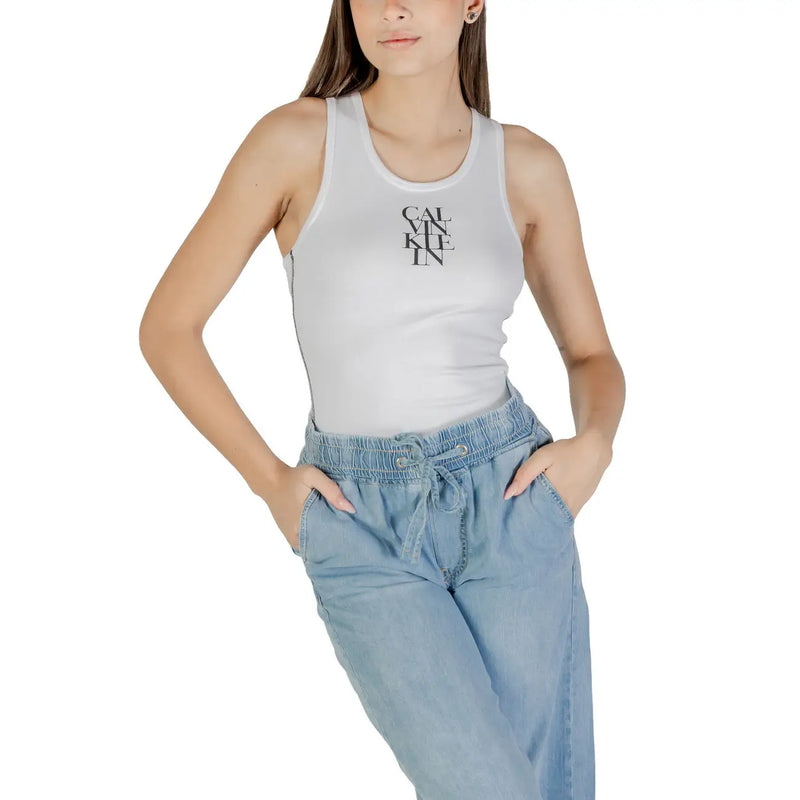 Calvin Klein Jeans Frauenpanzer top Weißer Baumwoll-Rundhalsausschnitt mit schwarzem Logo auf der Vorderseite