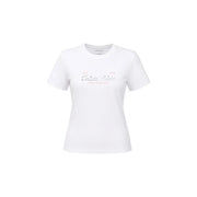 Calvin Klein Jeans Weißes, klassisch geschnittenes Damen-T-Shirt aus Baumwolle mit dezentem rosa-silbernem Logodruck auf der Brust