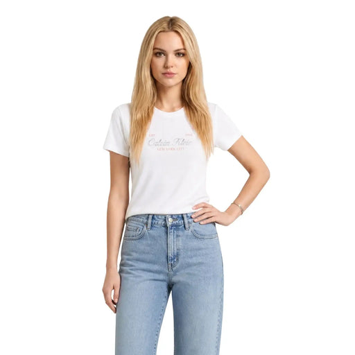 Calvin Klein Jeans Klassisches, kurzes Damen-T-Shirt aus weißer Baumwolle mit dezentem rosa-grauem Logodruck auf der Vorderseite