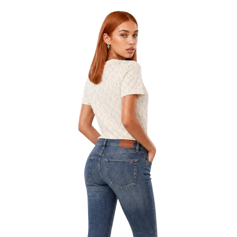 Calvin Klein Jeans weißes Damen-T-Shirt aus Baumwolle mit beigen kurzen Ärmeln top und subtiles geometrisches Muster