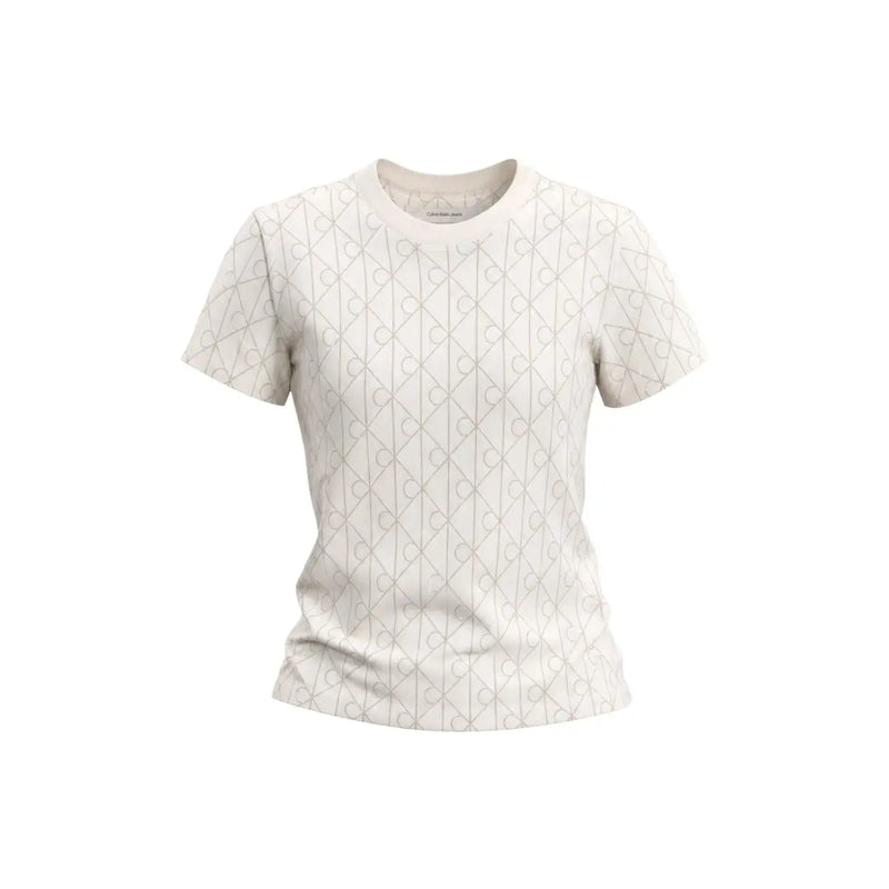 Calvin Klein Jeans Weißes Damen-T-Shirt aus Baumwolle mit cremefarbenen kurzen Ärmeln und dezentem hellgrauem geometrischen Muster