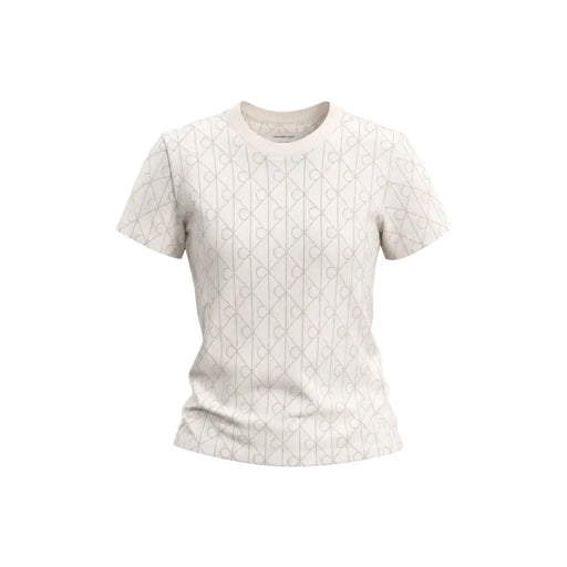 Calvin Klein Jeans women white cotton t shirt with cream short sleeves and subtle light gray geometric pattern