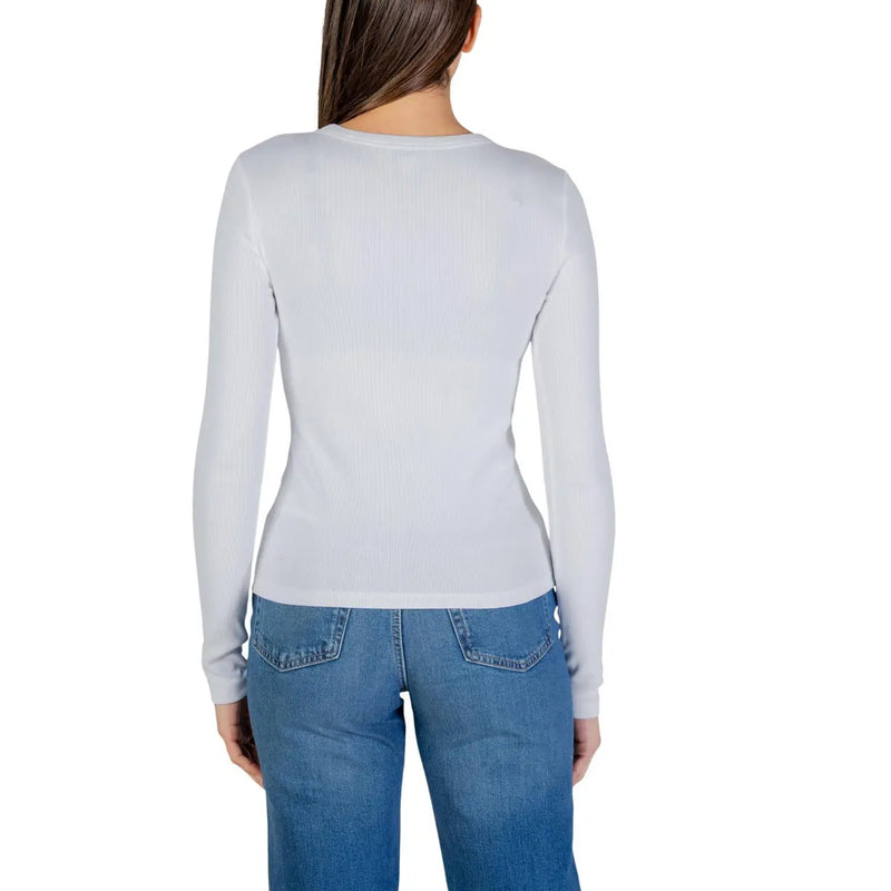 Calvin Klein Jeans Weißes Damen-T-Shirt aus Baumwolle mit langem Rundhalsausschnitt und elegantem, hellgrauem Rippstrick top Design