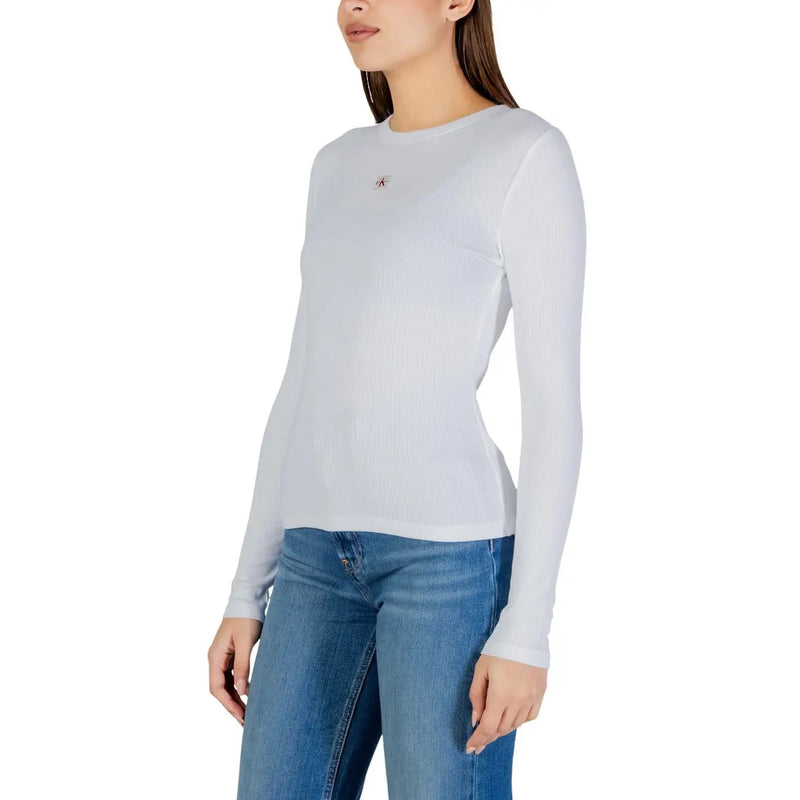 Calvin Klein Jeans Damen weißes, langärmeliges Rippstrick-Baumwollshirt top mit einem kleinen gestickten Logo auf der Brust