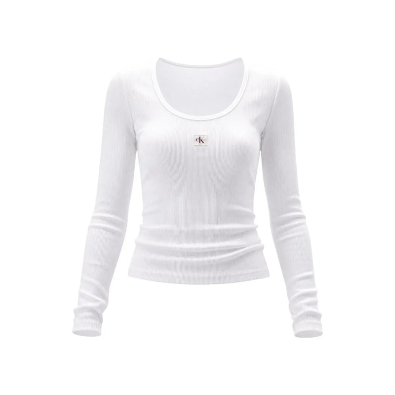 Weißes, geripptes Langarmshirt aus Baumwoll-Lycra top für Damen mit dezentem Calvin Klein Logo-Patch auf der Brust