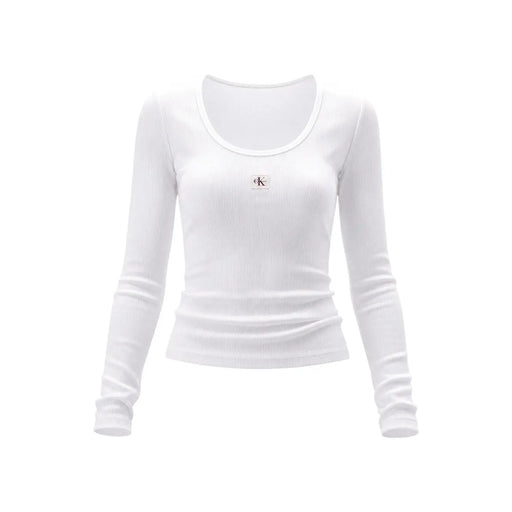White ribbed long-sleeve cotton lycra top for women with subtle calvin klein logo patch at the chest
