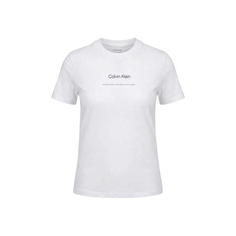 Calvin Klein Jeans Weißes Damen-T-Shirt aus Baumwolle mit Rundhalsausschnitt und schwarzem Logo- und Schriftzugaufdruck auf der Brust