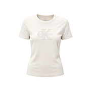 cremefarben Calvin Klein Jeans Weißes Damen-T-Shirt aus Baumwolle mit Rundhalsausschnitt und Ton-in-Ton gehaltenem CK-Logo auf der Brust