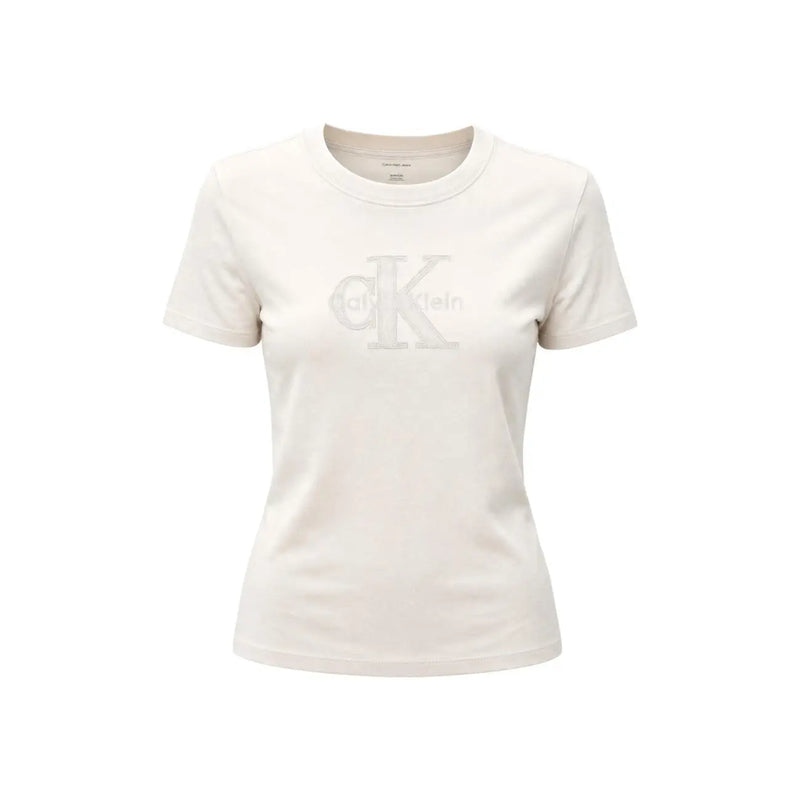 cremefarben Calvin Klein Jeans Weißes Damen-T-Shirt aus Baumwolle mit Rundhalsausschnitt und Ton-in-Ton gehaltenem CK-Logo auf der Brust
