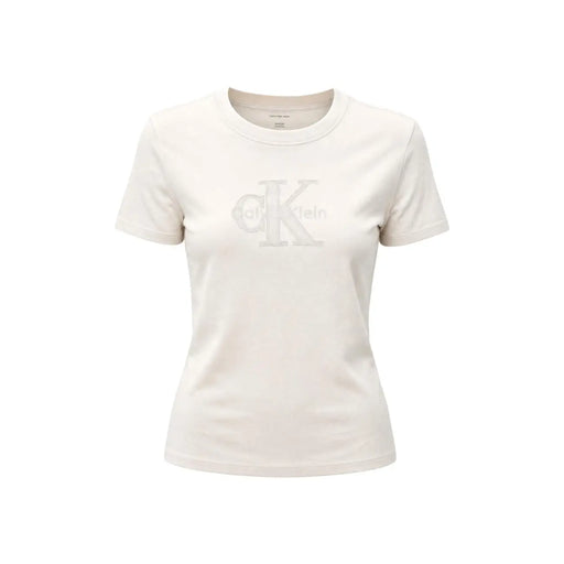 cremefarben Calvin Klein Jeans Weißes Damen-T-Shirt aus Baumwolle mit Rundhalsausschnitt und Ton-in-Ton gehaltenem CK-Logo auf der Brust
