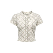 Calvin Klein Jeans Weißes Damen-T-Shirt aus Baumwolle mit Rundhalsausschnitt in Creme mit grauem, ineinandergreifendem Logomuster, kurzes Design