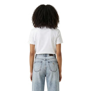 Weißes, kurzes Baumwoll-T-Shirt mit kurzen Ärmeln und Rundhalsausschnitt aus der Calvin Klein Jeans Damenkollektion.