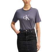 Calvin Klein Jeans, Damen-T-Shirt aus dunkelgrauer Baumwolle mit weißem, gesticktem CK-Logo auf der Brust und Rundhalsausschnitt