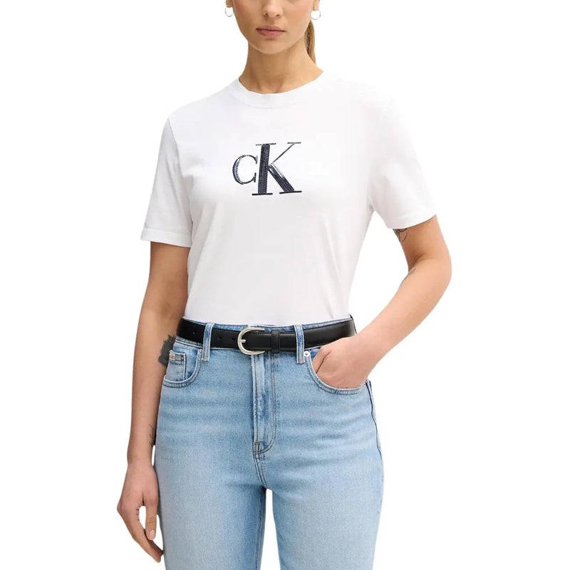 Calvin Klein Jeans Weißes Damen-T-Shirt aus Baumwolle mit Rundhalsausschnitt und auffälligem schwarzem CK-Logo auf der Brust