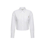 White calvin klein jeans women cotton long-sleeved button-up shirt with cropped hem and subtle logo patch