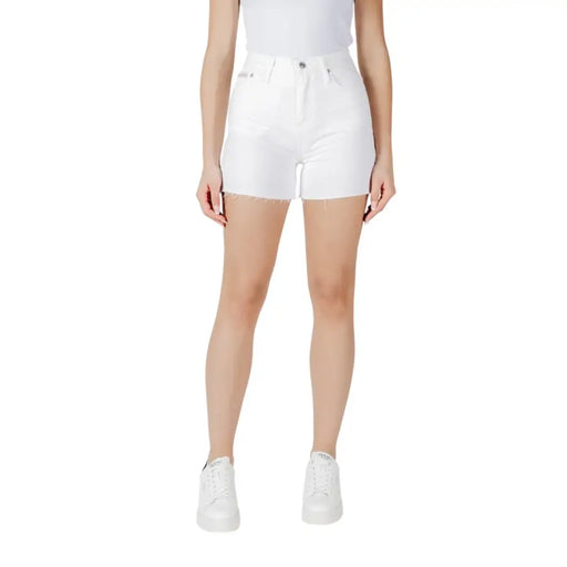 White cotton high-waisted denim shorts with frayed hem from Calvin Klein Jeans women collection