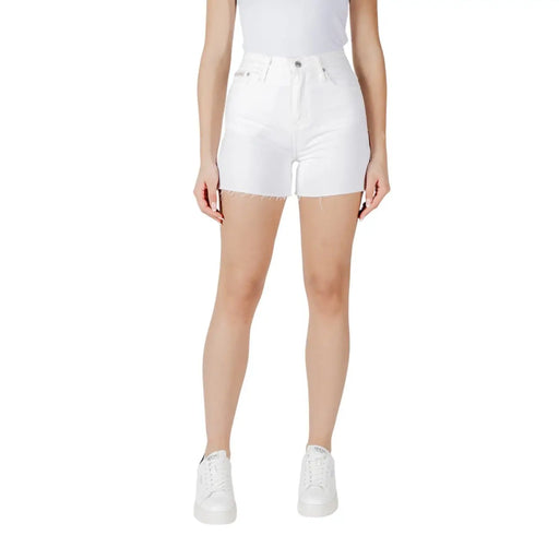 White cotton high-waisted denim shorts with frayed hem from Calvin Klein Jeans women collection