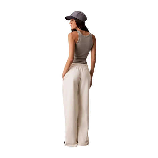 Calvin Klein Jeans Weiße Damen-Baumwollhose mit Schnürung, weitem Bein, cremefarbenem Satin und elastischem Bund