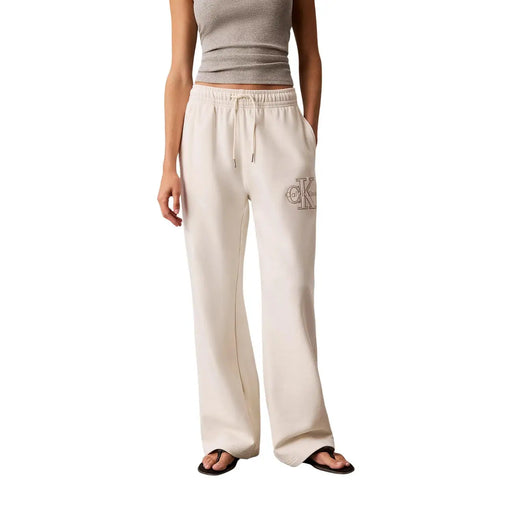 Calvin Klein Jeans Weiße Damen-Baumwollhose mit Schnürung, cremefarbene, locker sitzende Jogginghose mit CK-Logo
