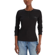 Calvin Klein schwarzes langärmeliges Henley-Shirt top mit Knopfleiste und Logo