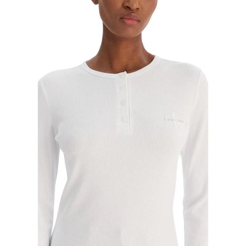 Calvin klein jeans women white long sleeve ribbed knit henley top with three buttons and small chest logo