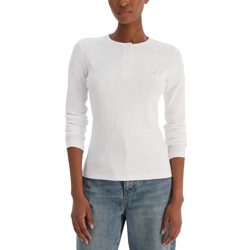 Calvin Klein Jeans women white ribbed long sleeve henley knitwear top in soft knit fabric for casual wear
