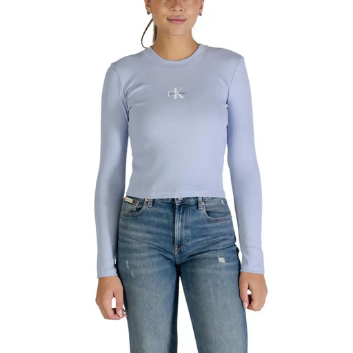 Hellblau Calvin Klein langärmelige Bio-Baumwolle t-shirt mit gesticktem Logo