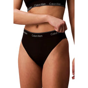 Black calvin klein high-waisted nylon briefs with white branding along the waistband for women beachwear