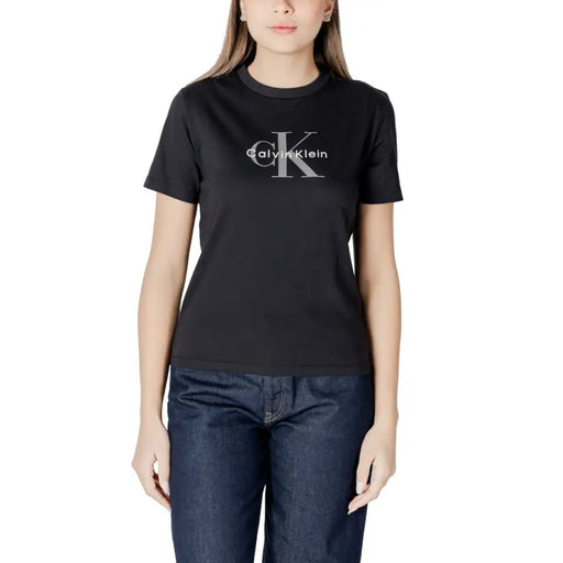 Calvin Klein schwarze Damen-Baumwolle T-shirt mit silbernem CK-Logoaufdruck