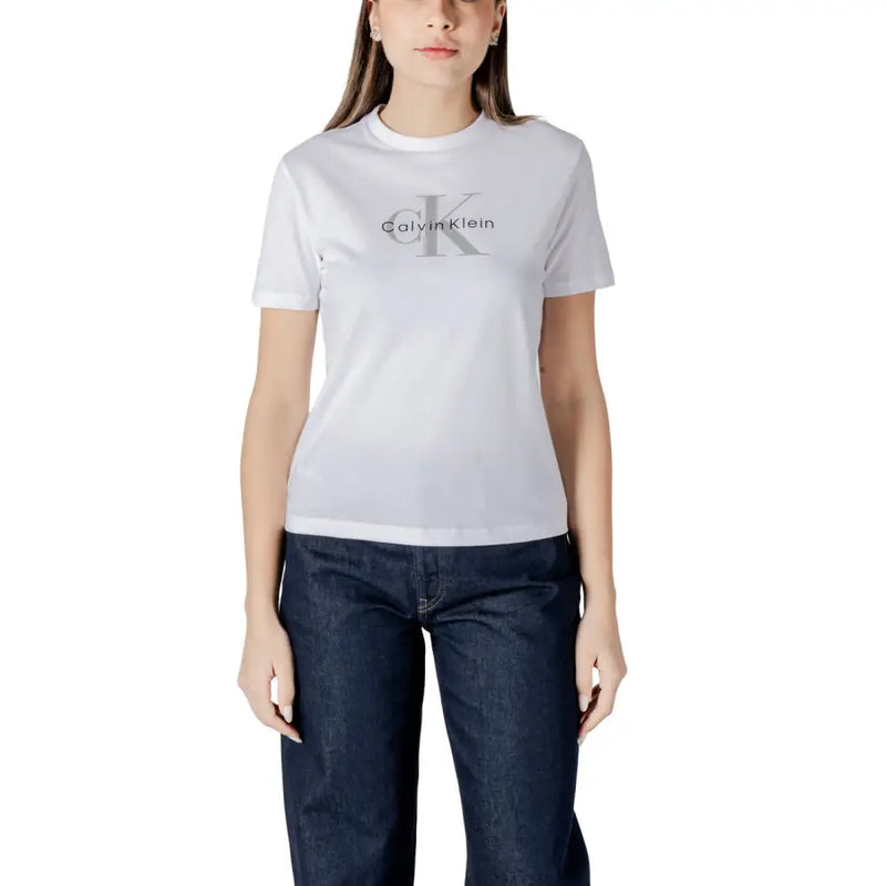 Calvin Klein Jeans women white cotton t-shirt with silver ck logo and brand name printed across the chest