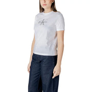 Calvin Klein Jeans women white cotton t-shirt with silver ck logo and brand name printed on the chest