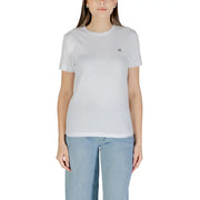 Calvin Klein Jeans women white short sleeve round neck T shirt with small black embroidered logo on left chest