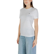 White Calvin Klein Jeans women short sleeve round neck t shirt with small black embroidered logo on left chest