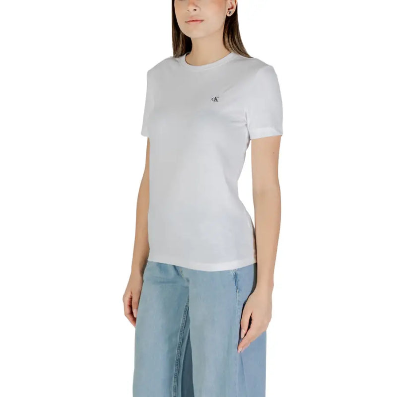 White Calvin Klein Jeans women short sleeve round neck t shirt with small black embroidered logo on left chest