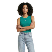 Calvin Klein weiße, ärmellose Jeans für Damen mit Rundhalsausschnitt top mit einem türkisfarbenen Tanktop mit einem kleinen weißen Logo auf der Brust
