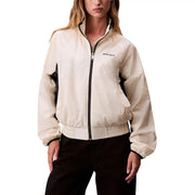 Calvin Klein Jeans women white turtleneck blazer with cream nylon bomber jacket featuring black trim and embroidered logo