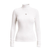 Weißer, gerippter Rollkragenpullover aus Baumwollstrick mit langen Ärmeln top mit kleinem Calvin Klein Logo-Aufnäher auf der Brust für Damen