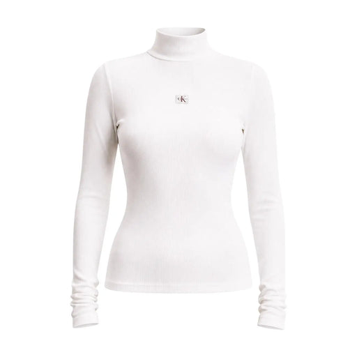 Weißer, gerippter Rollkragenpullover aus Baumwollstrick mit langen Ärmeln top mit kleinem Calvin Klein Logo-Aufnäher auf der Brust für Damen