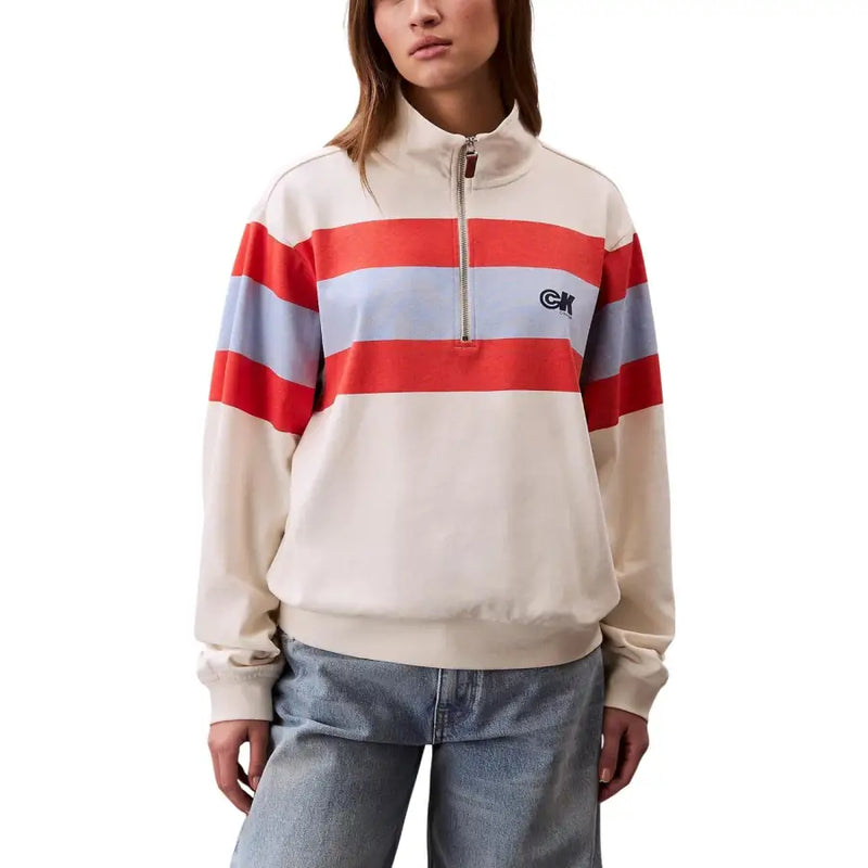 Calvin Klein Jeans womens cream quarter-zip sweatshirt with red and blue stripes