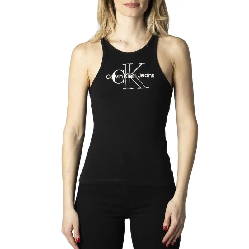 Calvin Klein Jeans women’s black cotton tank top featuring a white logo on the front