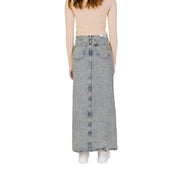 Calvin klein jeans women’s blue 100% cotton long denim skirt with straight cut and back pockets shown from the back