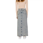 Calvin klein jeans women’s blue 100% cotton long denim skirt with straight cut and back pockets shown from the back
