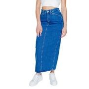 Calvin Klein Jeans women’s blue cotton high-waisted midi denim skirt with pockets and visible stitching along seams