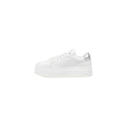 Calvin klein jeans women’s silver leather sneakers with white platform and subtle metallic silver accents on the heel tab