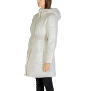 Calvin Klein Jeans women’s cream-colored quilted puffer coat with hood and matching belt in white turtleneck style