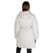 Calvin Klein Jeans women’s white hooded puffer coat with belted waist and turtleneck design