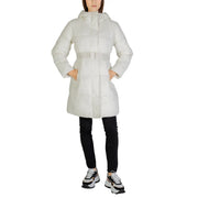 Calvin Klein Jeans women’s white quilted hooded turtleneck jacket with belted waist and long sleeves